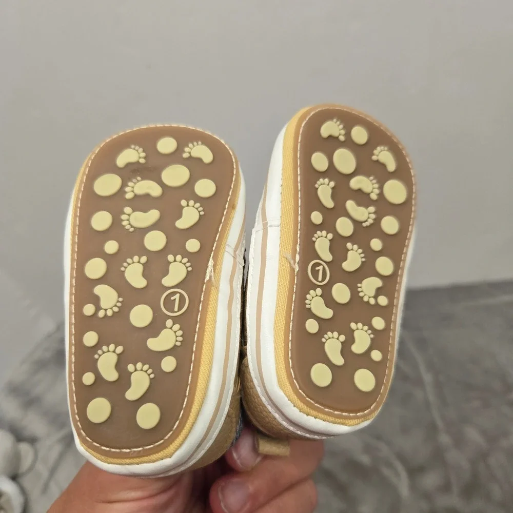 Infant Boys Tan Faux Leather Soft Sole Sneakers Striped Collar Size 1